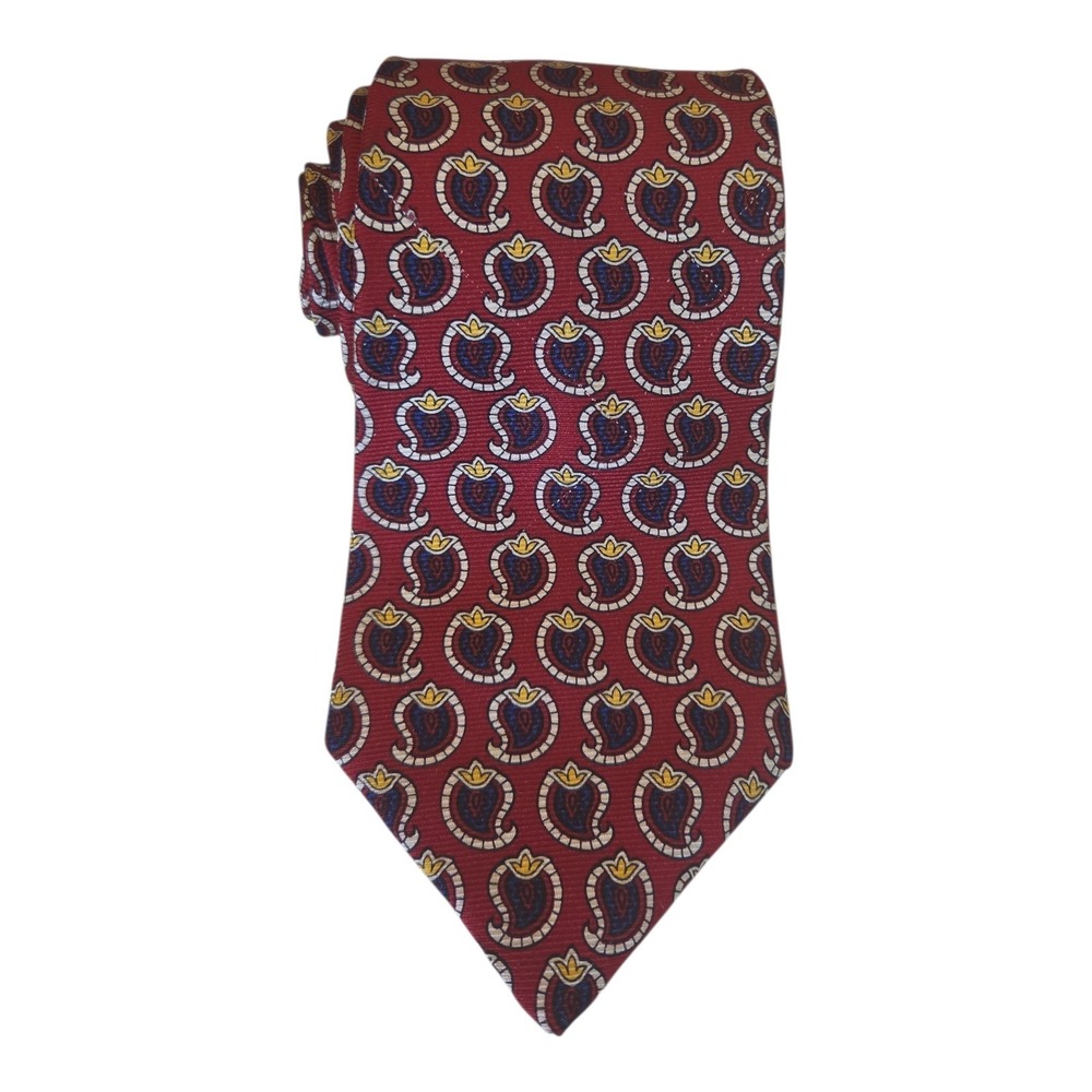 Brooks Brothers Makers Mens Silk Tie Burgundy Red Paisley Geometric Hand Made